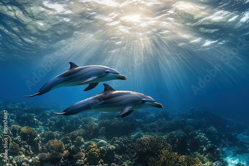 Two Pacific white-sided dolphins, Lagenorhynchus obliquidens, swimming underwater. Closeup. 4K. Beautiful simple AI generated image photo