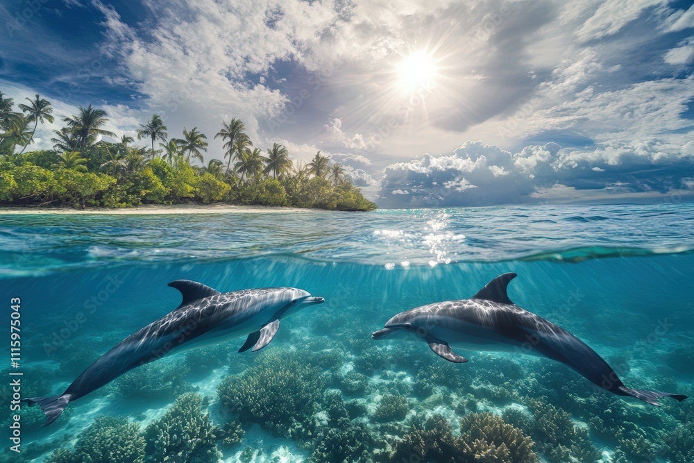 Obraz premium kids-boy and girl- watching fishes in aquarium. Beautiful simple AI generated image