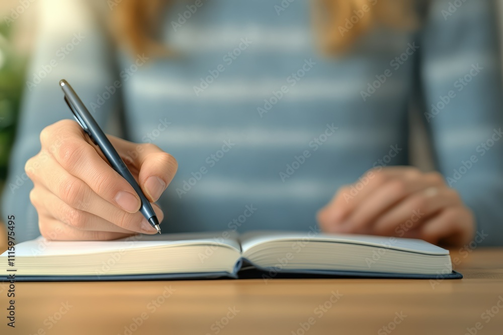 Fototapeta premium Smiling young woman taking notes while working on her laptop in a well-lit, modern office space.. Beautiful simple AI generated image