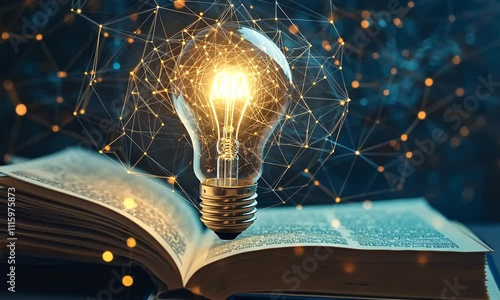A glowing light bulb hovers above an open book, symbolizing ideas and knowledge with a network of connections in the background