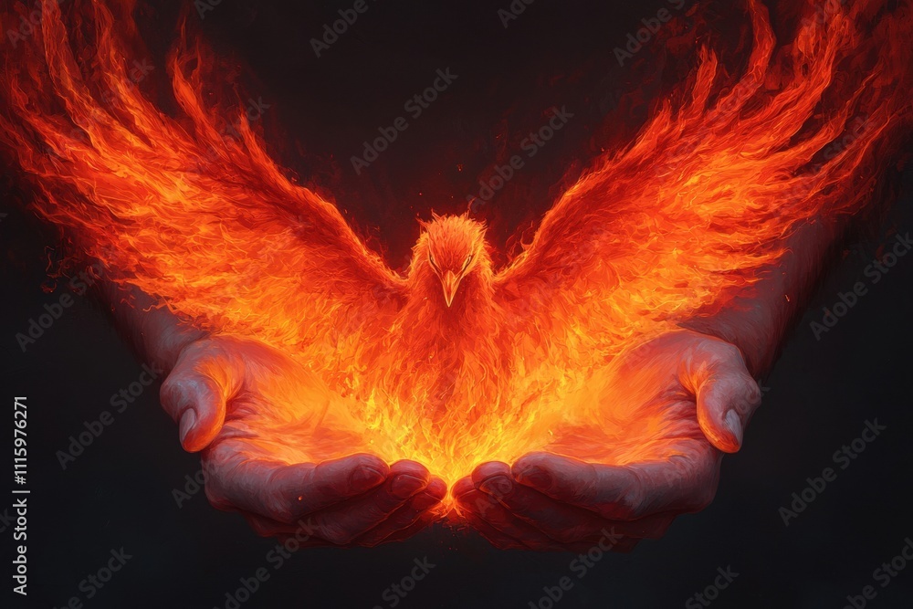 Fototapeta premium A fiery phoenix emerges from open hands, symbolizing rebirth, strength, and transformation against a dark background.