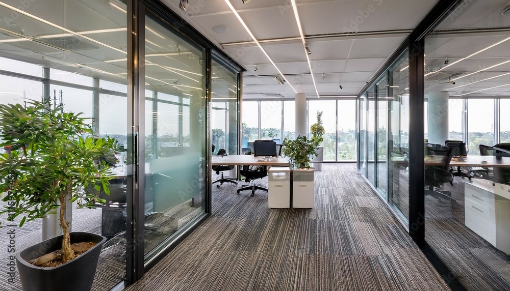 Fototapeta premium modern office interior with large windows glass partitions and a green plant creating a productive atmosphere