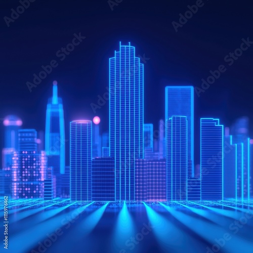 A vibrant, futuristic city skyline represented with glowing blue lines and geometric shapes against a dark background.