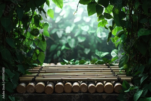 Natural Bamboo Platform with Green Foliage, Minimalist and Eco-Friendly Setting for Product Display and Wellness photo