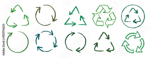 Recycle arrow hand drawn pencil line icon set. Crayon green recycle arrow chalk Icon Vector drawing