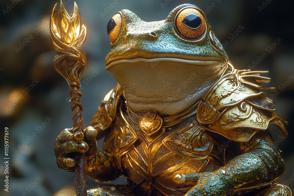 Obraz premium A frog in golden armor holding a magic staff