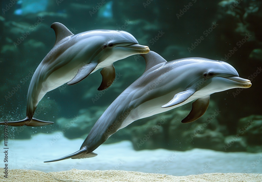 Obraz premium Graceful dolphins swimming gracefully together in a serene underwater environment, showcasing their playful nature and elegance against a stunning aquatic backdrop.