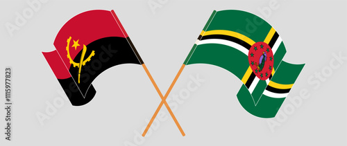 Crossed and waving flags of Angola and Dominica. Vector illustration