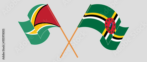 Crossed and waving flags of Guyana and Dominica. Vector illustration