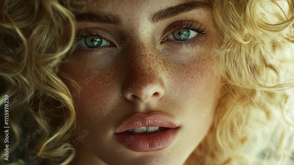 Naklejka premium A close-up portrait of a young woman with curly hair, freckles, and captivating green eyes.