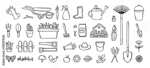 Gardener tools hand drawn doodle icons set. Hobby gardening. Garden items for plant care and backyard cleaning. Garden line clipart.