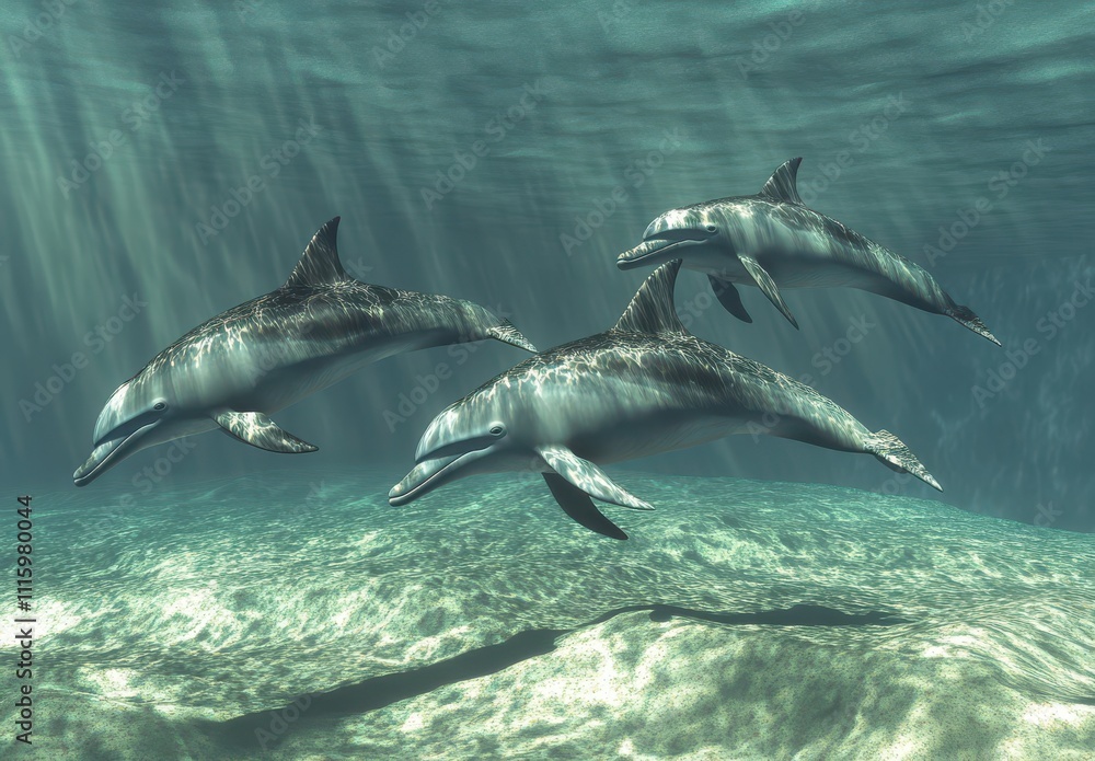 Naklejka premium Majestic Dolphins Swimming Gracefully Underwater in a Sunlit Environment, Capturing the Serenity and Beauty of Marine Life in a Vibrant Ocean Scene