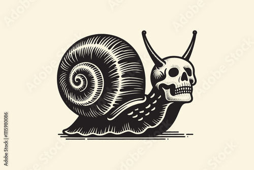 Snail with human skull head, black ink line art, tattoo sketch style