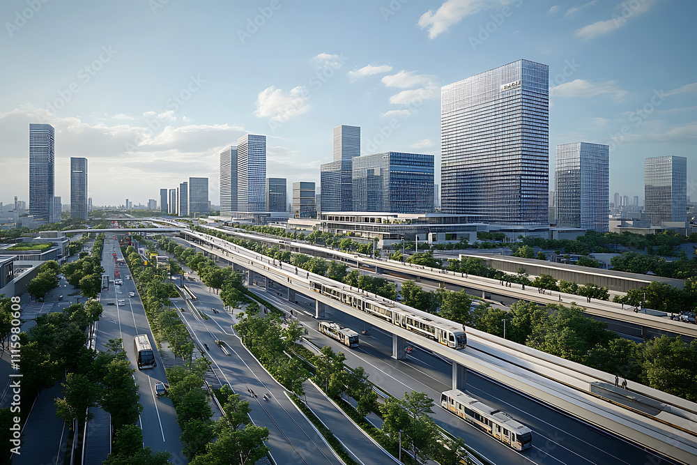 Fototapeta premium Modern Cityscape with Elevated Transit System