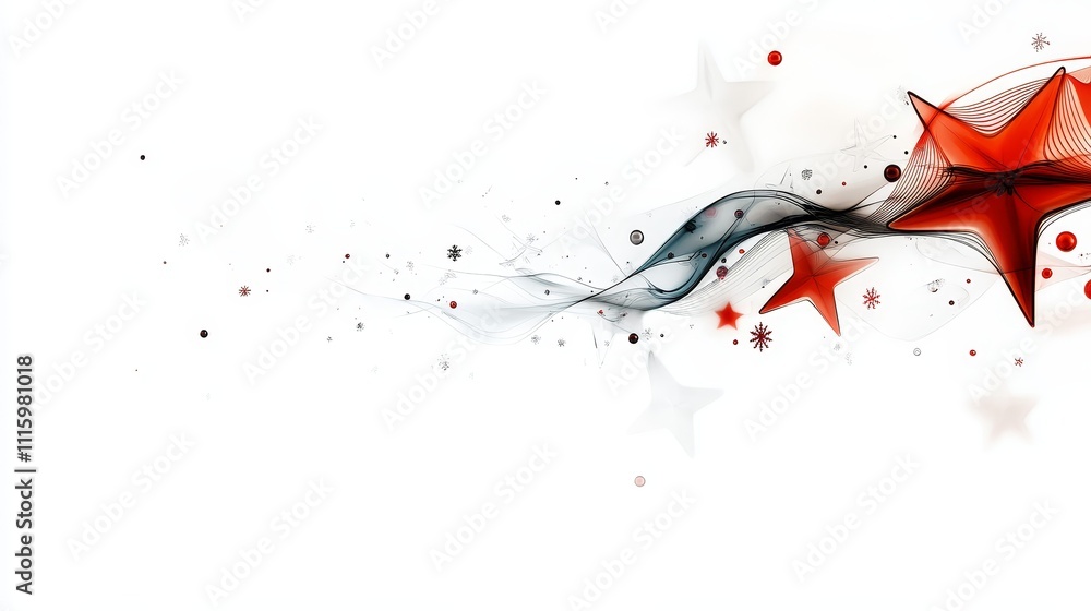 Fototapeta premium Simple and modern Christmas card design with festive stars and snowflakes, featuring a banner with space for writing personalized holiday greetings, perfect for celebrating the holiday season.