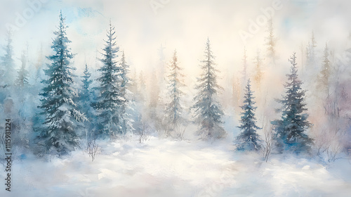 A serene winter landscape with snow-covered pine trees bathed in soft morning light. photo