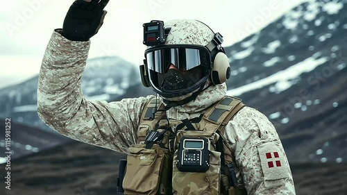 Combat Medic Communicating in High Stress Zone with Medical Kit photo