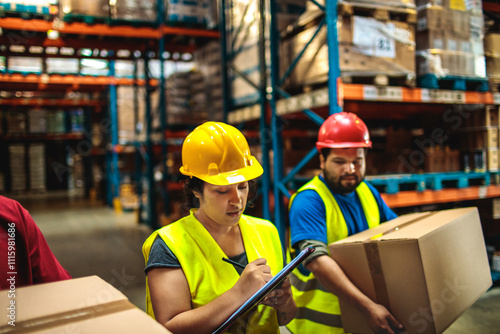 Warehouse workers in hard hats checking inventory and lifting boxes photo