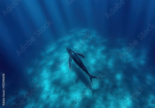 Majestic underwater scene featuring a lone whale gracefully swimming through sunlit ocean depths, showcasing the beauty and serenity of marine life in its natural habitat. photo