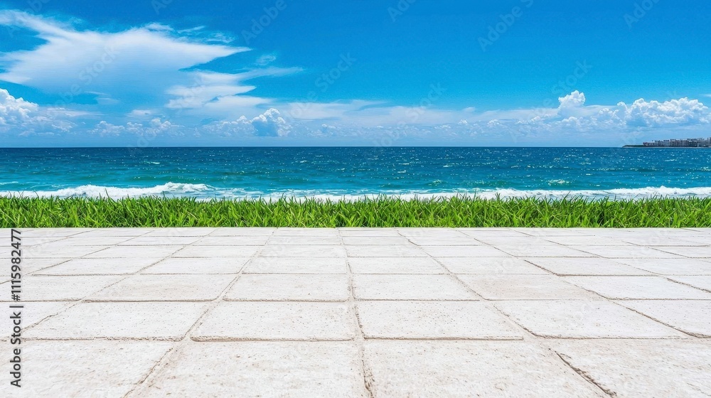 Fototapeta premium Ocean View Patio Summer Beach Scene Coastal Paving Grass Calm Sea