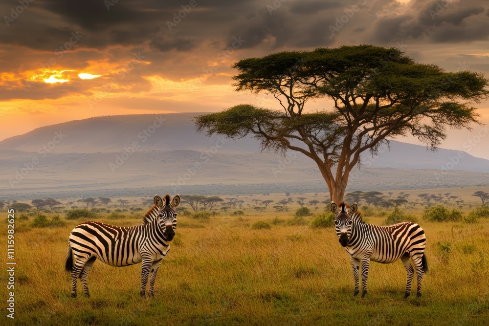 Obraz premium Burchell's zebras grooming, Hluhluwe Game Reserve, Kwazulu-Natal, South Africa. Beautiful simple AI generated image