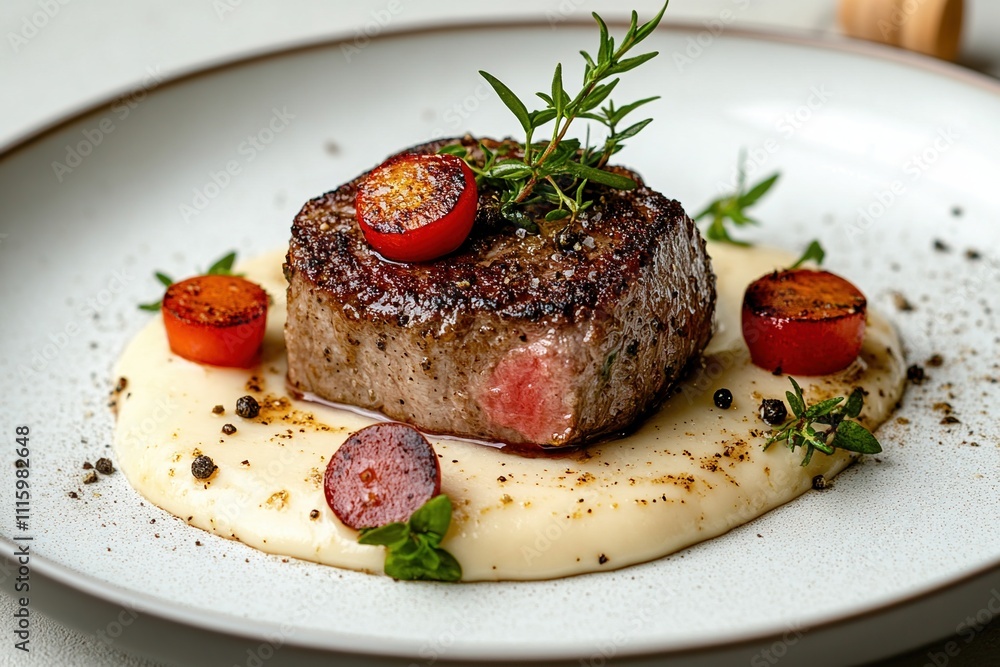 Delicious filet mignon crowned with fresh herbs and rich bechamel cream sauce in a chic Italian dining ambiance Delicious filet mignon crowned with fresh herbs and rich bechamel cream sauce in a chic Italian dining ambiance