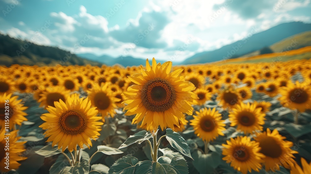 Obraz premium Vibrant sunflowers in a vast field against a mountainous backdrop.