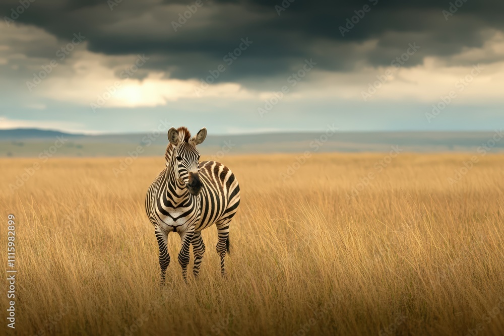 Obraz premium Zebras are African equines with distinctive black-and-white striped coats. Beautiful simple AI generated image