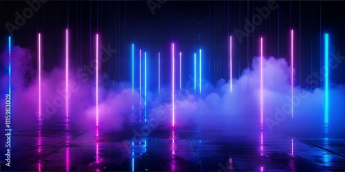 Vibrant neon lights reflecting on a sleek surface with a foggy atmosphere, creating a futuristic and atmospheric scene.