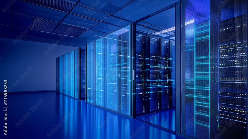 Digital hologram of server room with data flow, the background is dark blue and white, data flowing between the equipment in a glass cube. Digital hologram of server room with data flow, the background is dark blue and white, data flowing between the equipment in a glass cube.