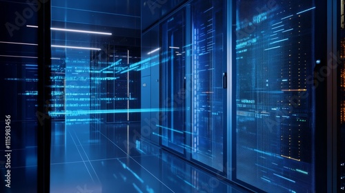 Digital hologram of  server room with data flow, the background is dark blue and white, data flowing between the equipment in a glass cube.