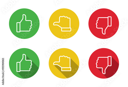 Like, neutral, and dislike outline icon with long shadow. Thumb, up, middle, and down sign symbol