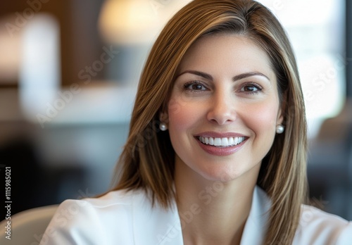 Professional female smiling confidently in modern office attire, showcasing a warm demeanor, with soft natural lighting enhancing her friendly expression and inviting atmosphere. Free Download Professional female smiling confidently in modern office attire, showcasing a warm demeanor, with soft natural lighting enhancing her friendly expression and inviting atmosphere. - GFXLoad