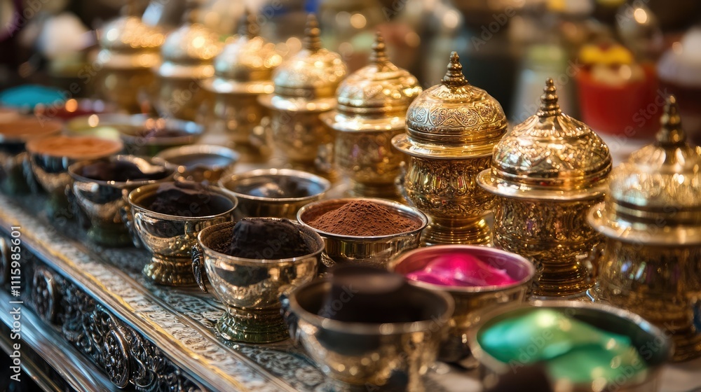 Fototapeta premium A collection of ornate containers filled with colorful powders and substances for various uses.