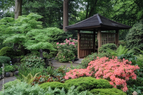 Tranquil moment in a japanese garden serene pagoda retreat nature scene lush greenery and vibrant blooms ground level view peaceful atmosphere for mindfulness and reflection photo