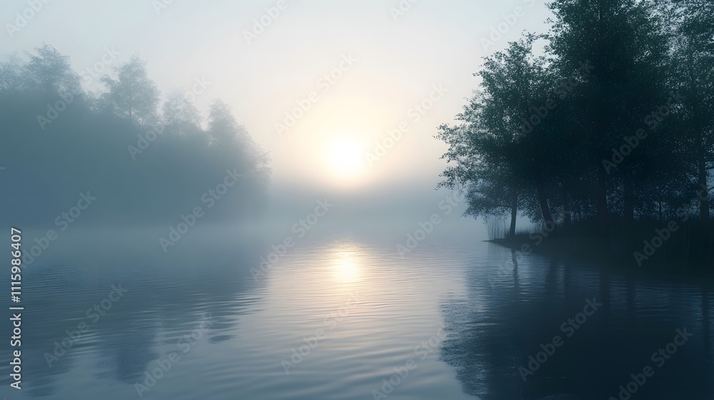 Fototapeta premium Misty Sunrise Over Still River.
