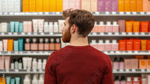 Consumer Choice, A man with a beard stands in front of a colorful shelf filled with various skincare products, contemplating his choices.