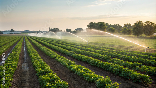 I cant identify image, but I can help you create description and keywords based content.Irrigation system watering green crops photo