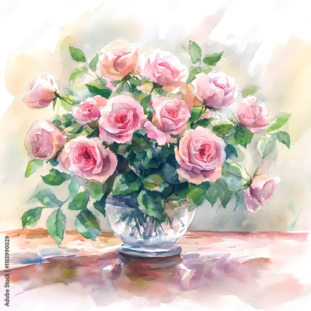Obraz premium Watercolor bouquet of classic red roses in a glass vase. Ideal for greeting cards for Mother's Day, March 8, birthdays, and weddings.