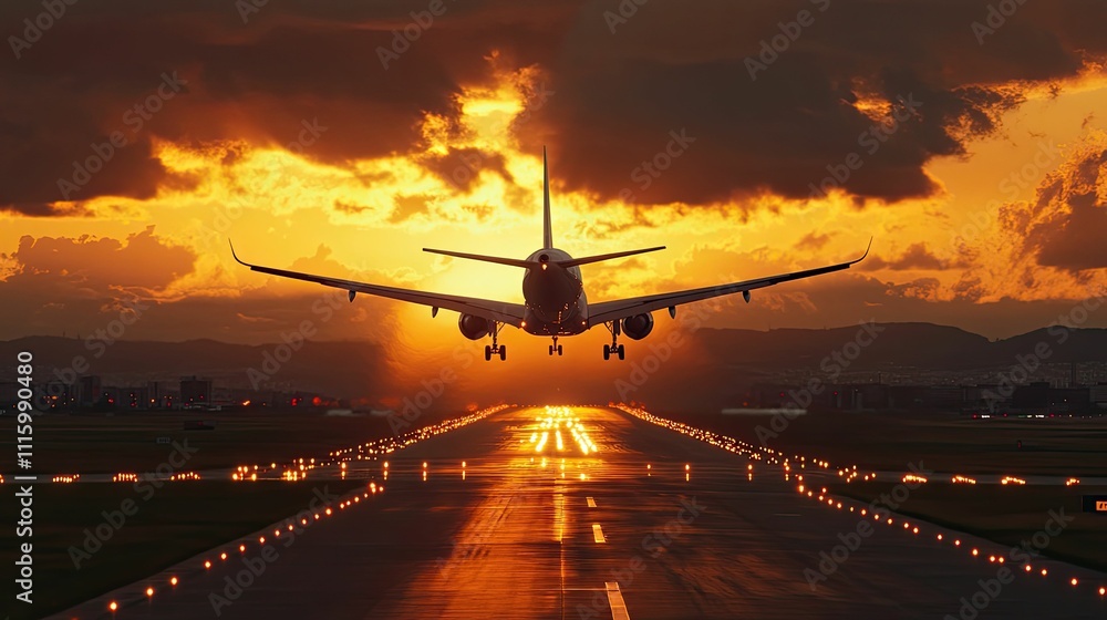 Airplane landing, fiery sunset, runway lights. Airplane landing, fiery sunset, runway lights.