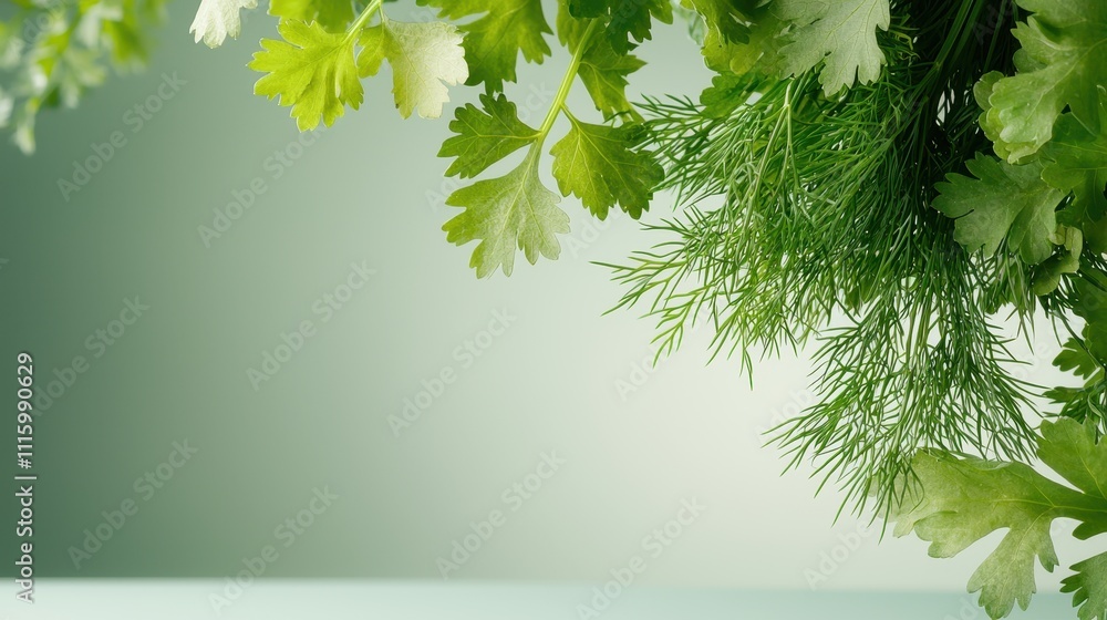 Fototapeta premium Various herb closeup of dill and parsley leaves in natural green environment for culinary use