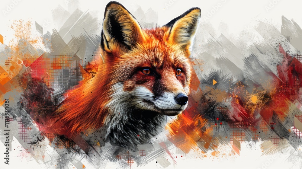 Fototapeta premium Red fox portrait with artistic paint splatter background.