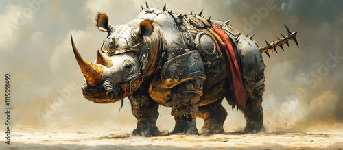 A rhino in battle armor with a spiked mace tail photo