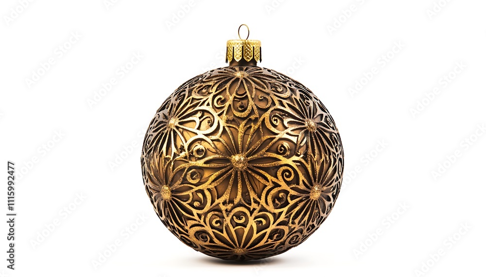 A decorative golden Christmas ornament with intricate floral patterns. A decorative golden Christmas ornament with intricate floral patterns.