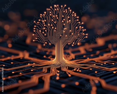 A digital artwork featuring a tree made of circuit patterns, symbolizing the fusion of nature and technology.