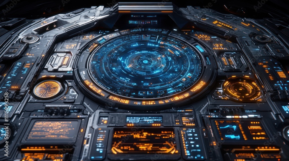 Fototapeta premium Futuristic control panel with blue and orange lights, showcasing advanced technology.