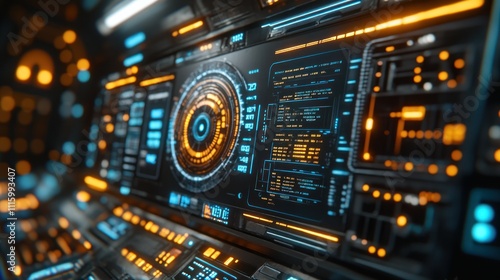 Wallpaper Mural Futuristic control panel with glowing interfaces and data displays. Torontodigital.ca