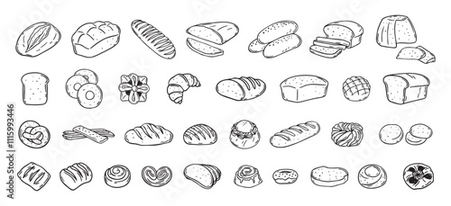 Bread different types hand drawn doodle outline icon set. Bread engraving, line art. Wheat products, baked goods, bakery