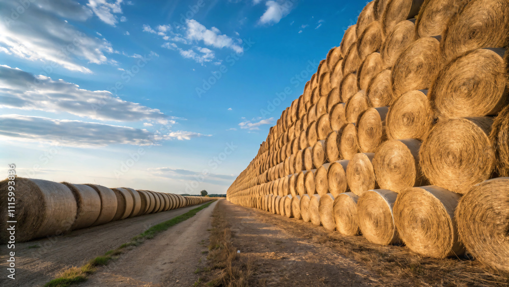 Bales of hay stacked along rural road under blue sky with clouds Bales of hay stacked along rural road under blue sky with clouds