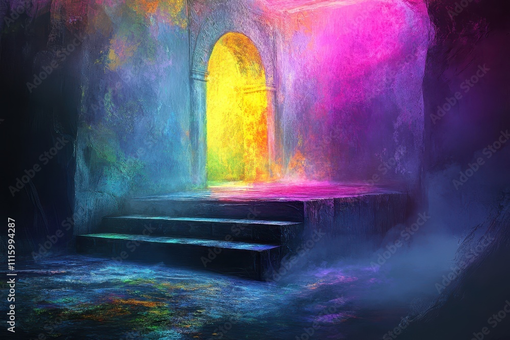 Obraz premium Abstract glowing doorway radiating vibrant light and colors, symbolizing transformation, spiritual awakening, and divine passage